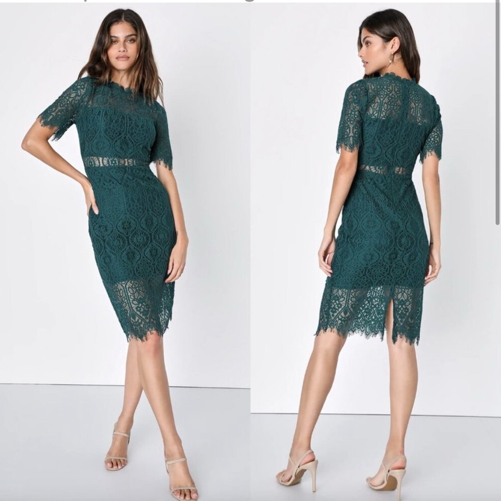 Lulu's Forest Green Remarkable Sheer Lace Dress Size S